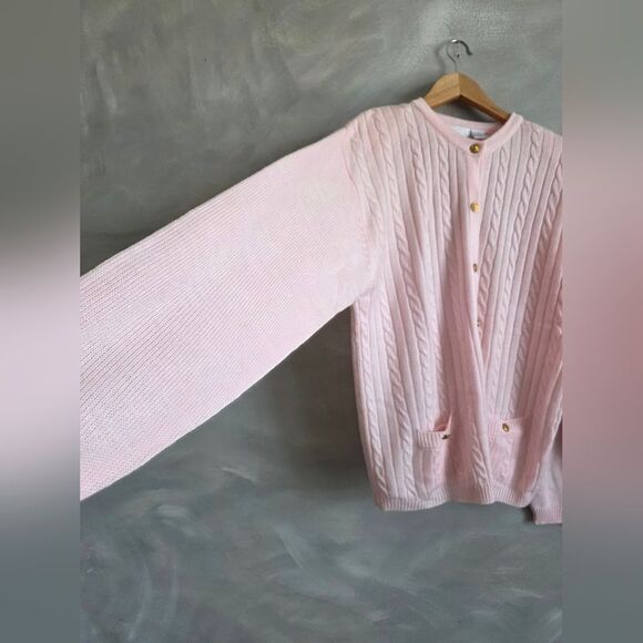 Womens Pale Pink Cord Knit Gold Button Cardigan Sz XL Reel Fishermann Kawaii - Picture 5 of 10